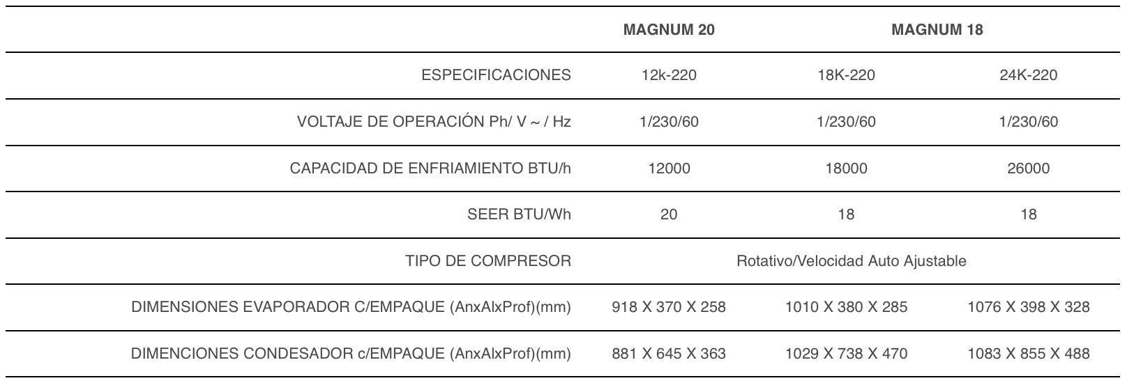 Especificaciones Minisplit Mirage Magnum 20